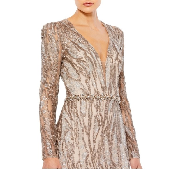 Mac Duggal Embellished Long Sleeve Plunge Neck Gown 79358 Gold Formal 16 - Picture 3 of 16